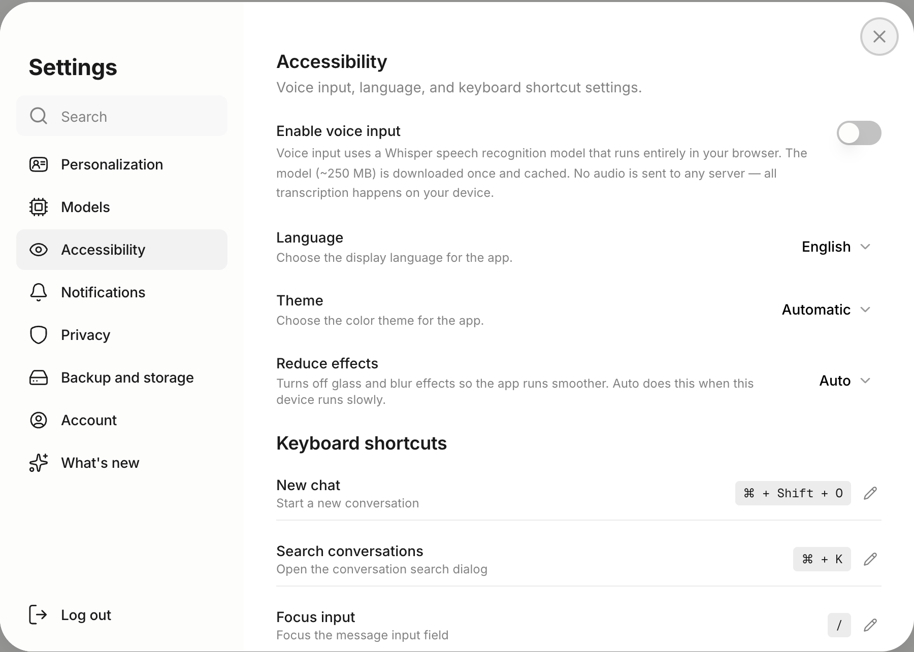 The Accessibility section of Settings on the web with the Enable voice input switch, Language, Theme, Reduce effects and Keyboard shortcuts