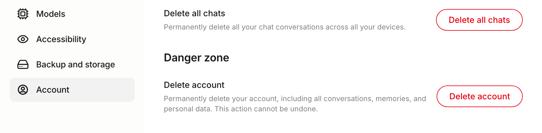 Account settings panel with the Danger Zone section visible and the Delete Account button on the right