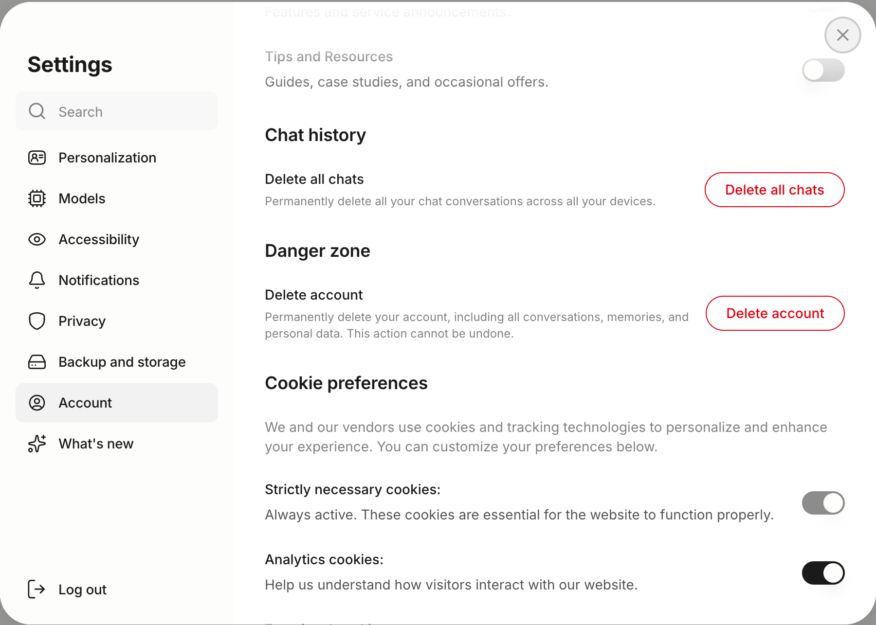Account settings panel with the Danger Zone section visible and the Delete Account button on the right