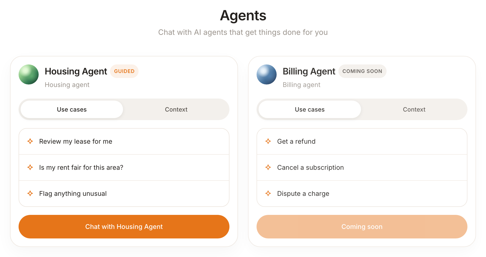 Anuma Agents page with the Housing Agent and Billing Agent cards, each showing Use cases and Context tabs with example tasks