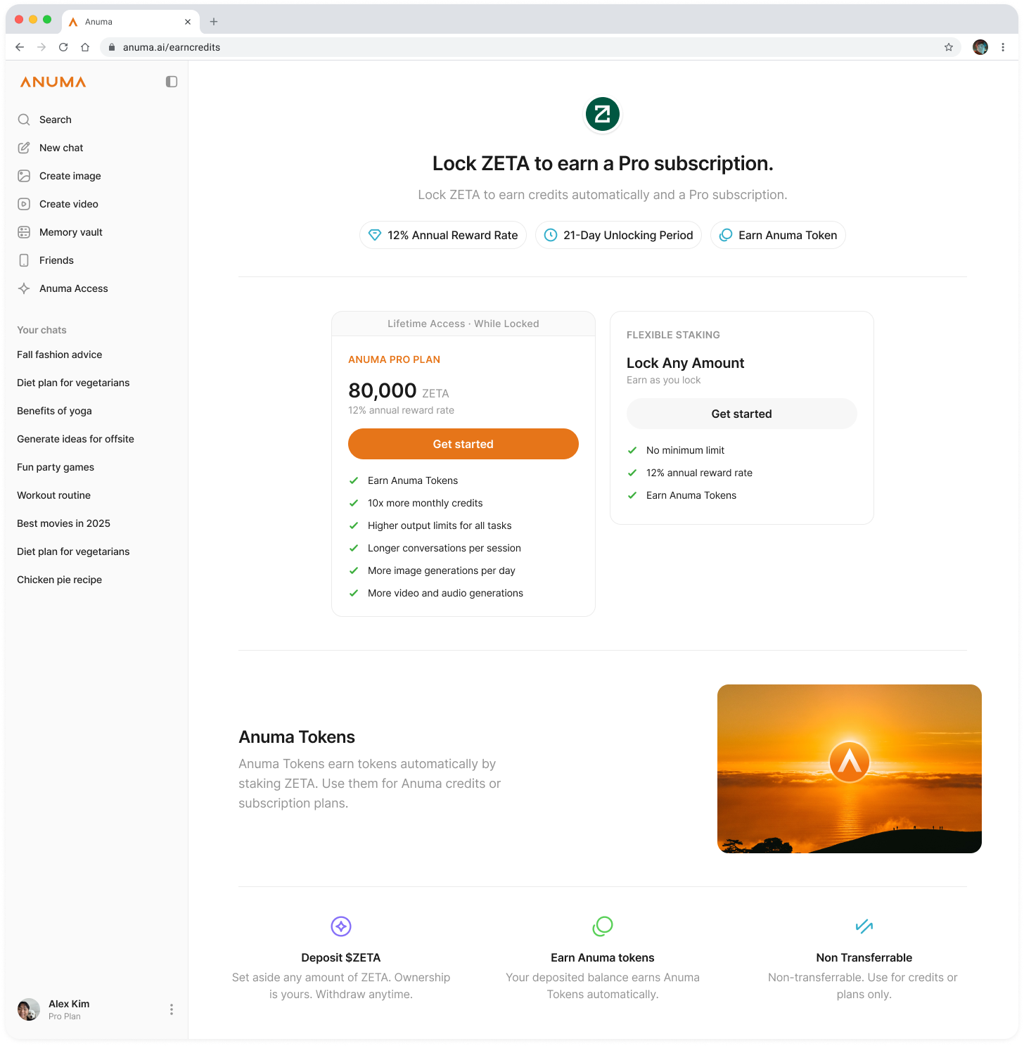 Anuma Access landing page showing the 12% annual reward rate, 21-day unlocking period, and Anuma Pro Plan and Flexible Staking tiers