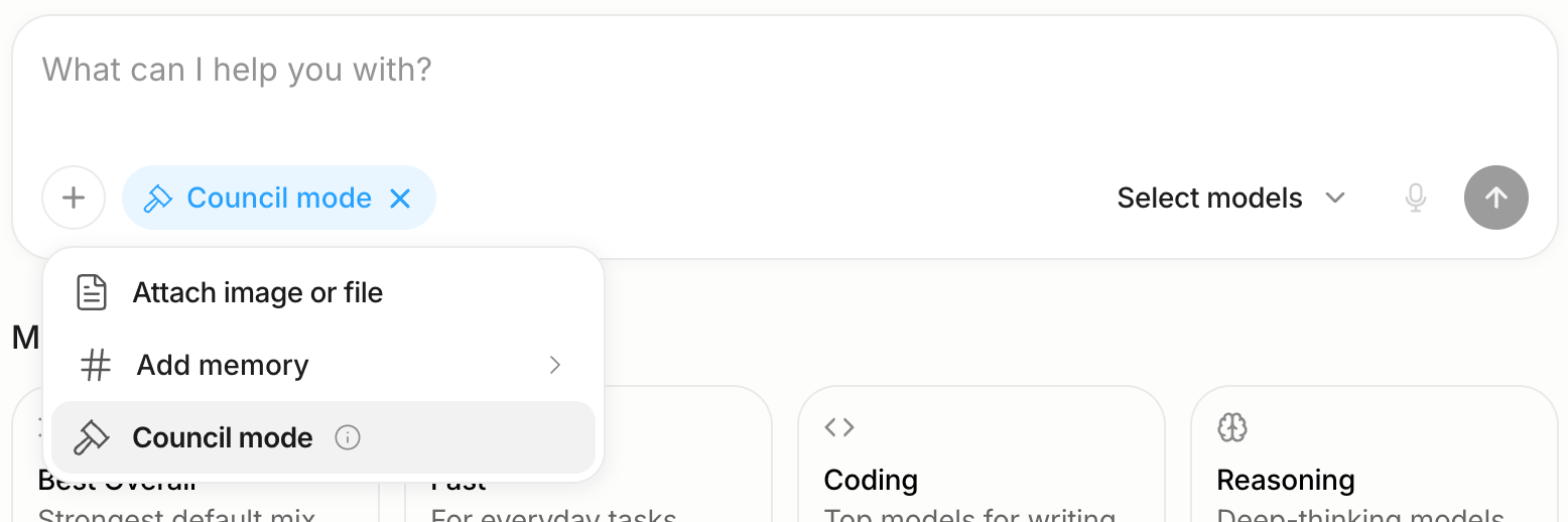 The plus menu in the web composer with Attach image or file, Add memory and Council mode