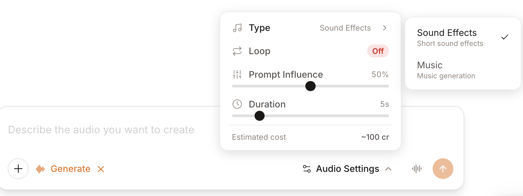 Audio Studio settings with Type, Loop, Prompt Influence, and Duration controls — Sound Effects and Music generation modes
