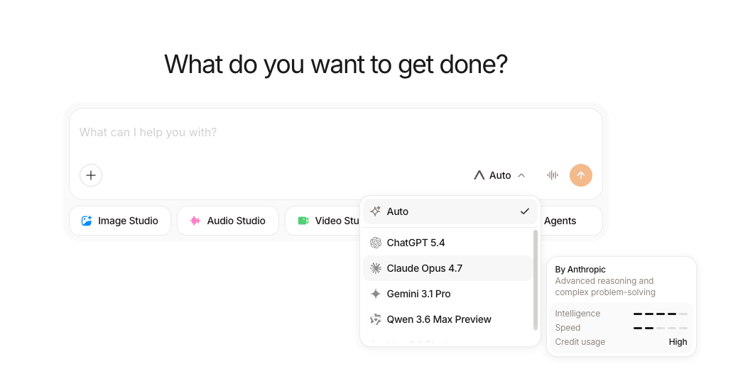 Auto Model dropdown open with Auto selected at the top and individual models below, including Claude Opus 4.7 details