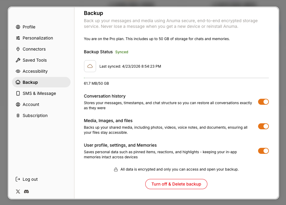 Backup settings panel showing sync status, storage usage, and backup toggles for conversations, media, and user profile
