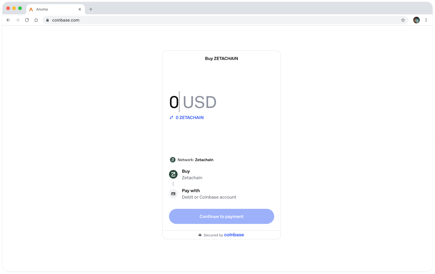 Coinbase Buy ZETACHAIN page with ZetaChain network pre-selected
