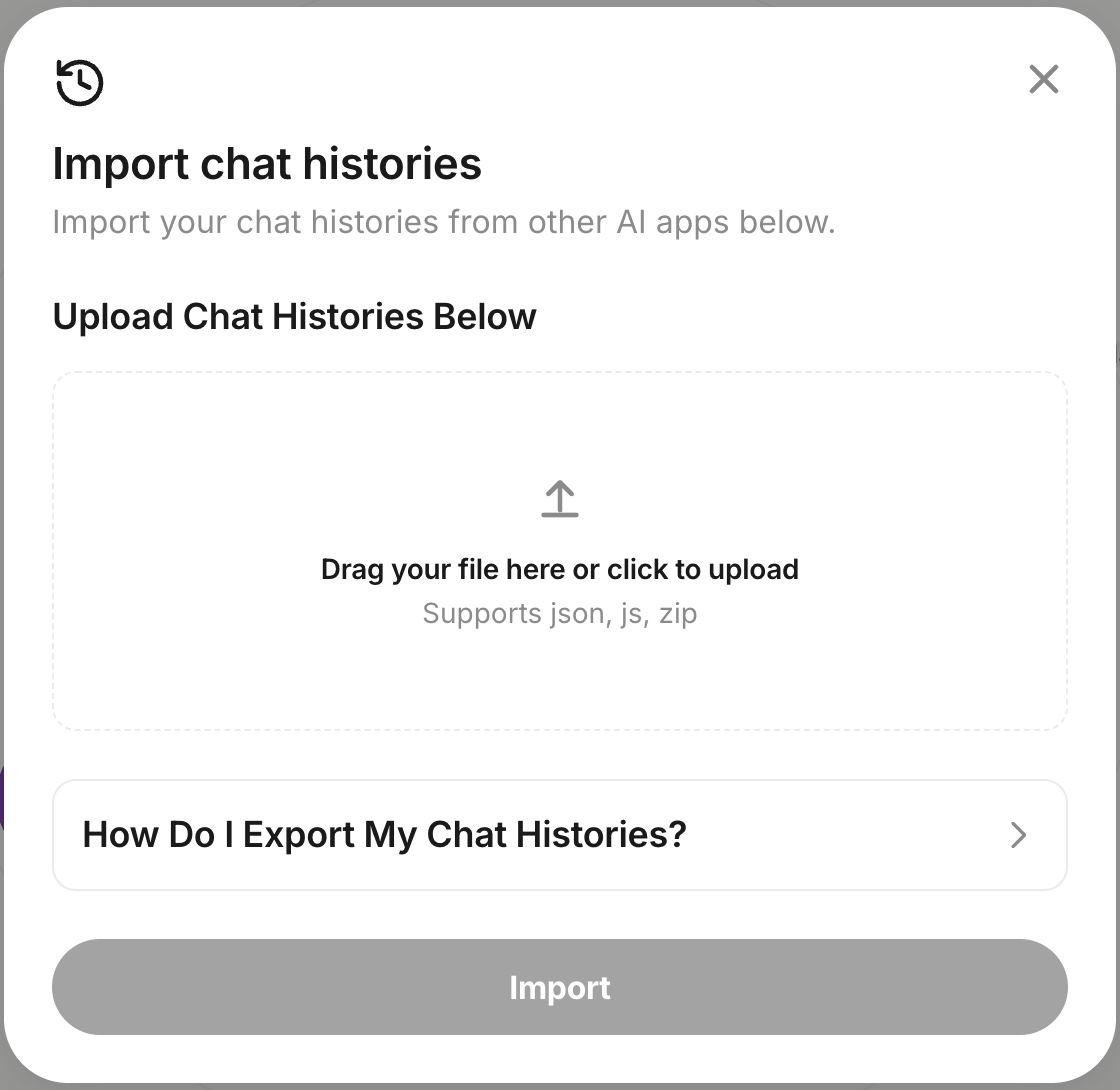 The Import chat histories dialog with the upload area and the How Do I Export My Chat Histories row