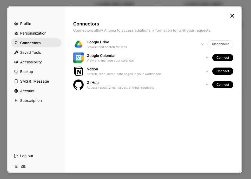 Connectors panel showing Google Drive, Google Calendar, Notion, and GitHub with connect and disconnect buttons