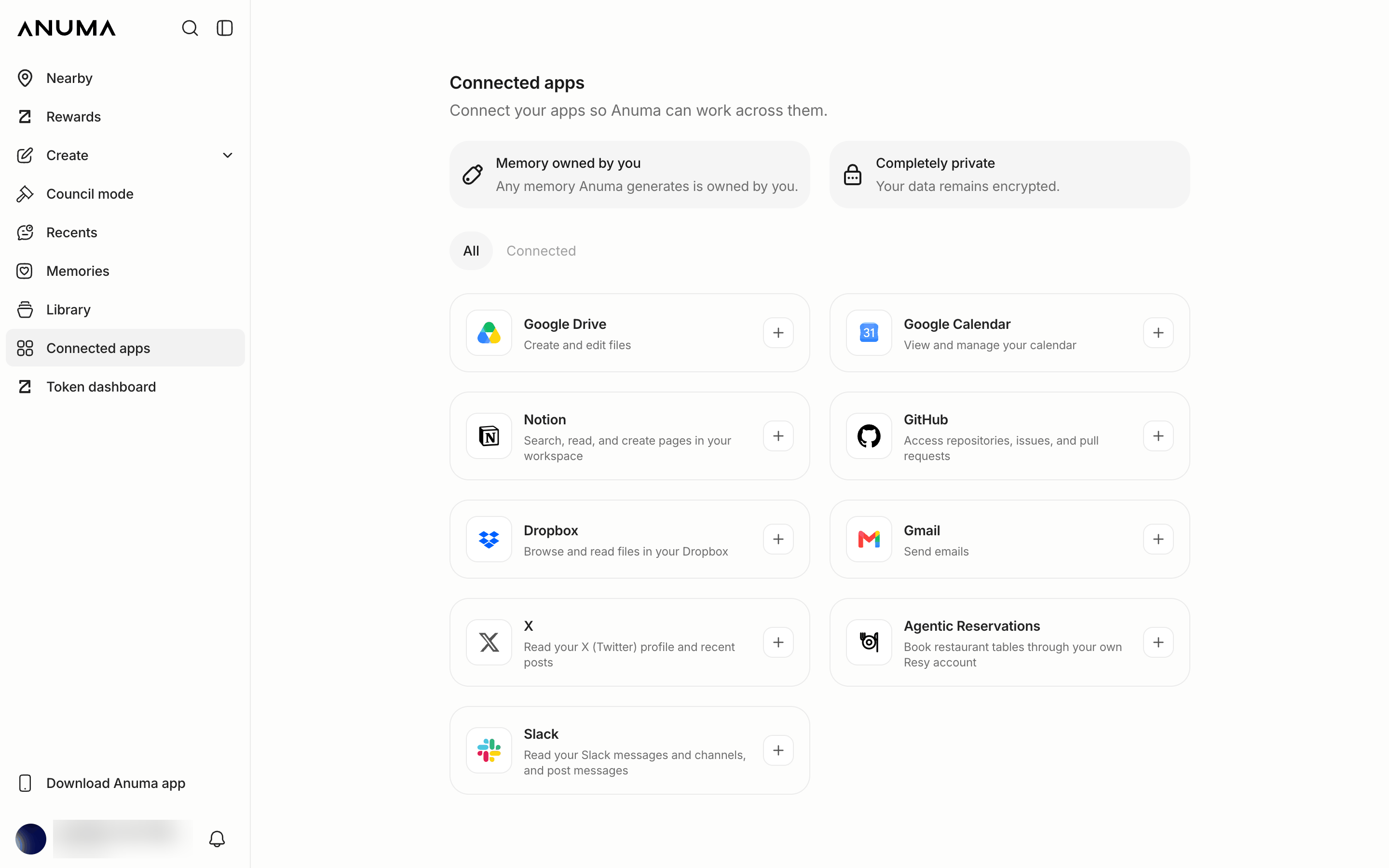 Connected apps page showing Google Drive, Google Calendar, Notion, and GitHub cards with add buttons, an All / Connected filter, and "Memory owned by you" and "Completely private" reassurances
