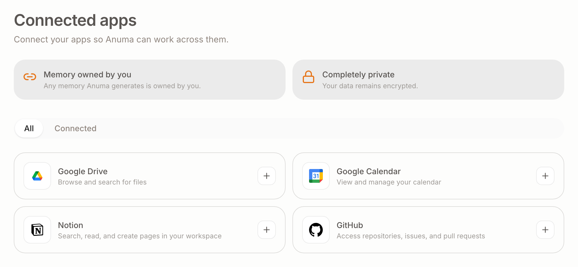 Connected apps page showing Google Drive, Google Calendar, Notion, and GitHub cards with add buttons, an All / Connected filter, and "Memory owned by you" and "Completely private" reassurances