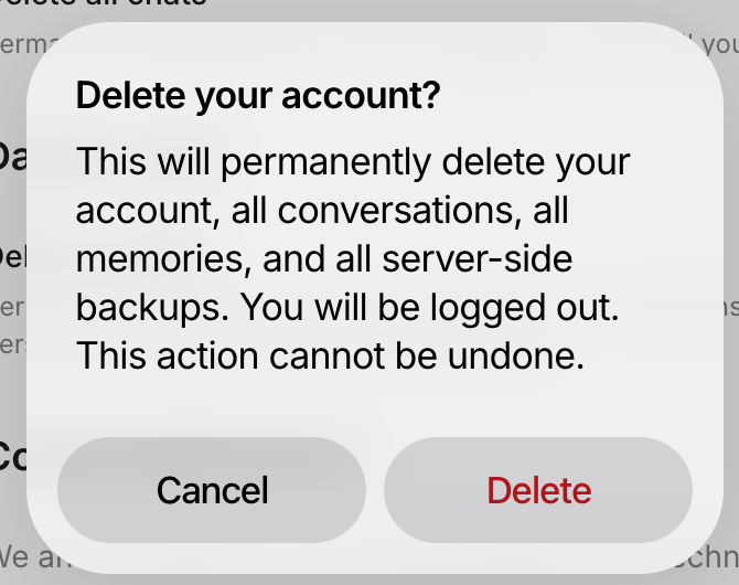 Delete your account confirmation dialog with Cancel and Delete buttons