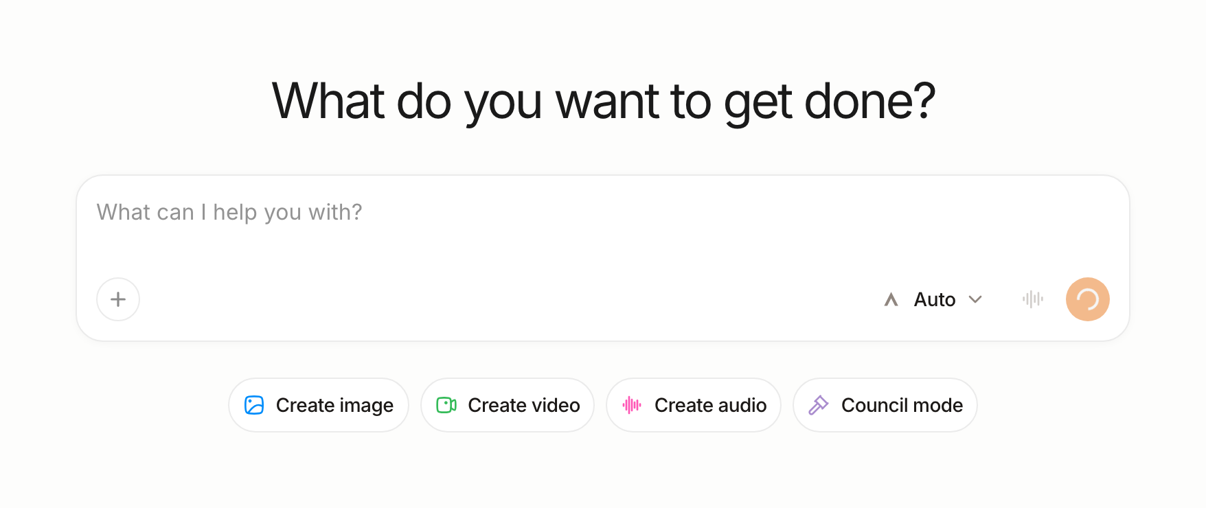 Anuma home screen with the "What do you want to get done?" prompt, the chat composer with the Auto model selector, and Create image, Create video, Create audio, and Council mode shortcuts