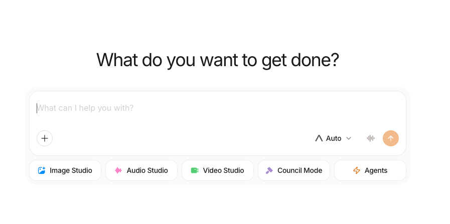 Anuma home screen with Image Studio, Audio Studio, Video Studio, Council Mode, and Agents shortcuts