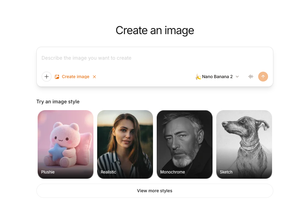 Image Studio with curated styles — Plushie, Realistic, Monochrome, Sketch