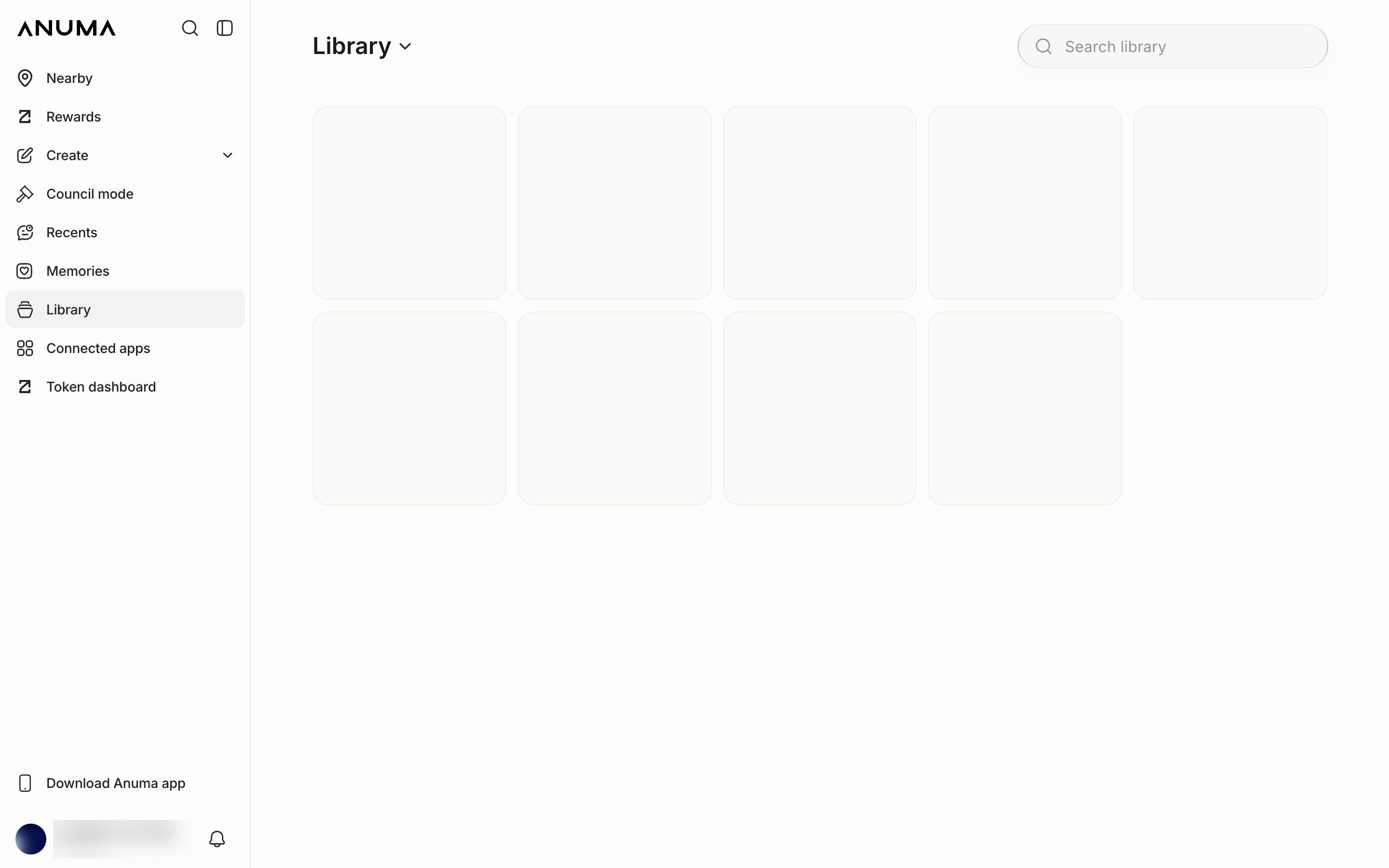 The Library page on the web with the search box and an empty grid of creations