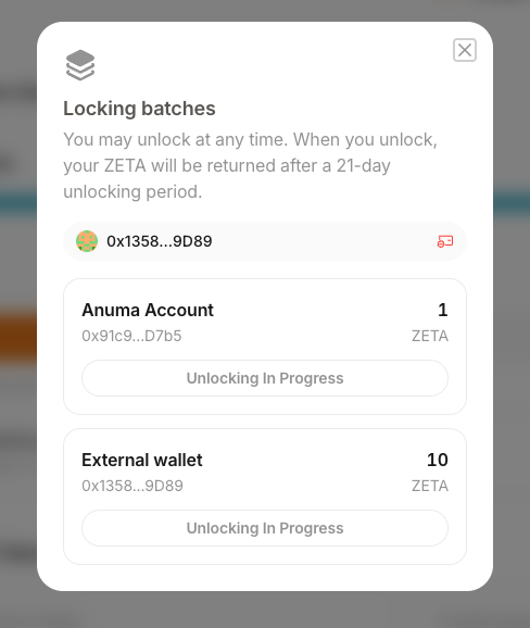 Locking Batches modal listing per-wallet positions with Unlock buttons