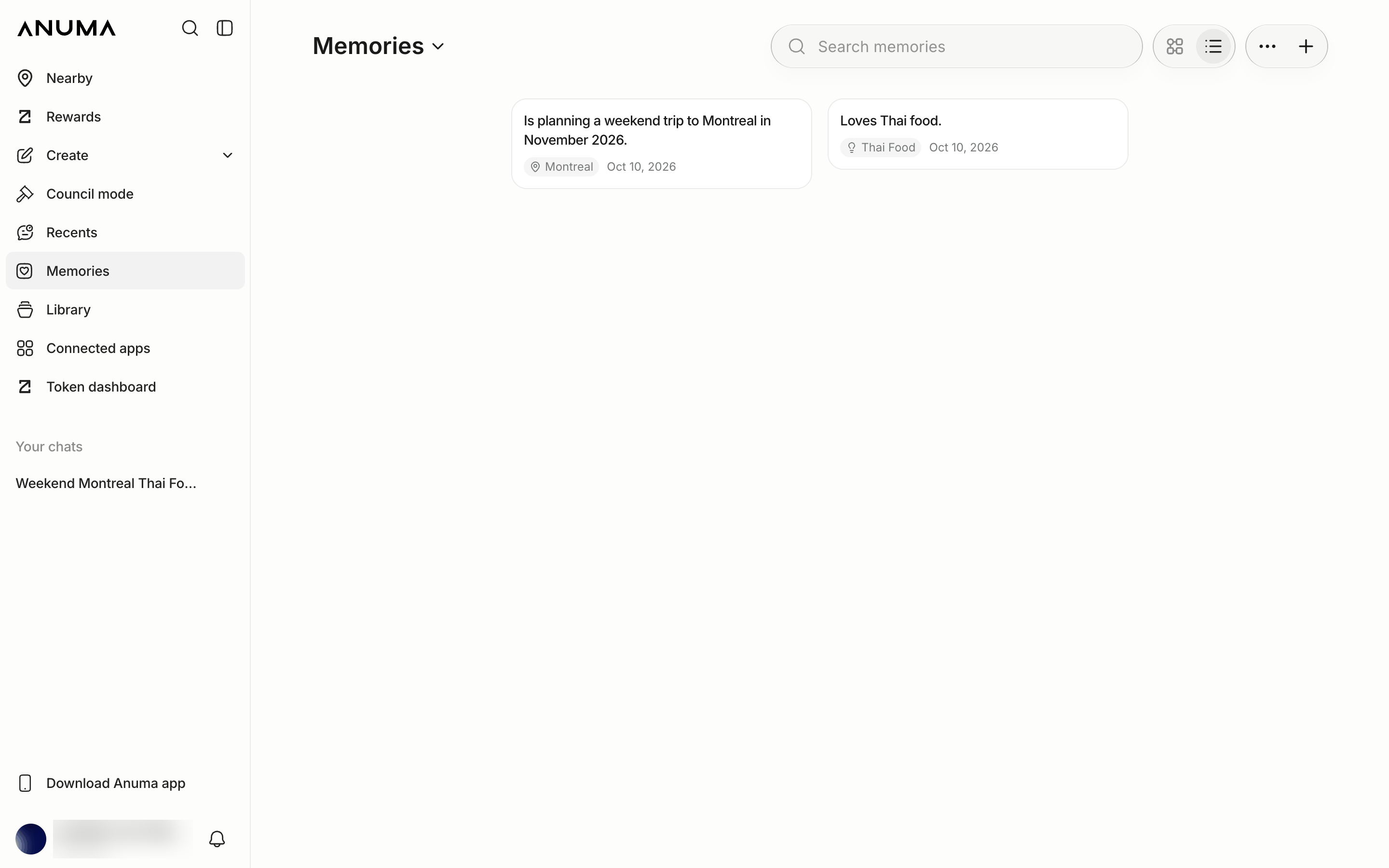 The Memories list view on the web with two memory cards, each with a topic chip and a date