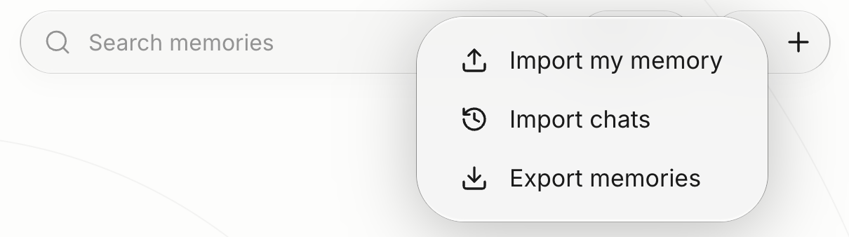 The Memories page menu on the web with Import my memory, Import chats and Export memories