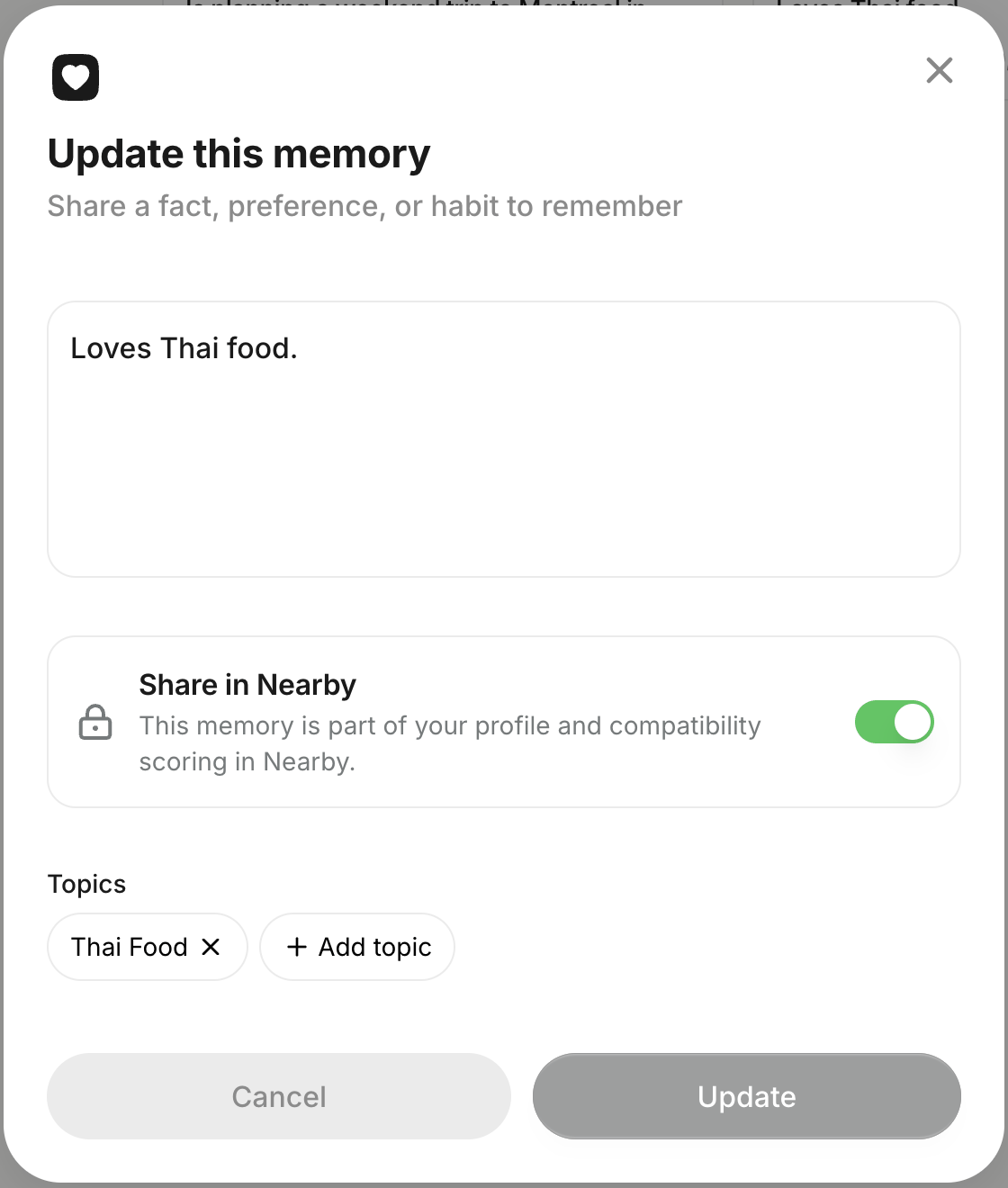 The Update this memory dialog on the web with the Share in Nearby switch turned on and the Topics chips