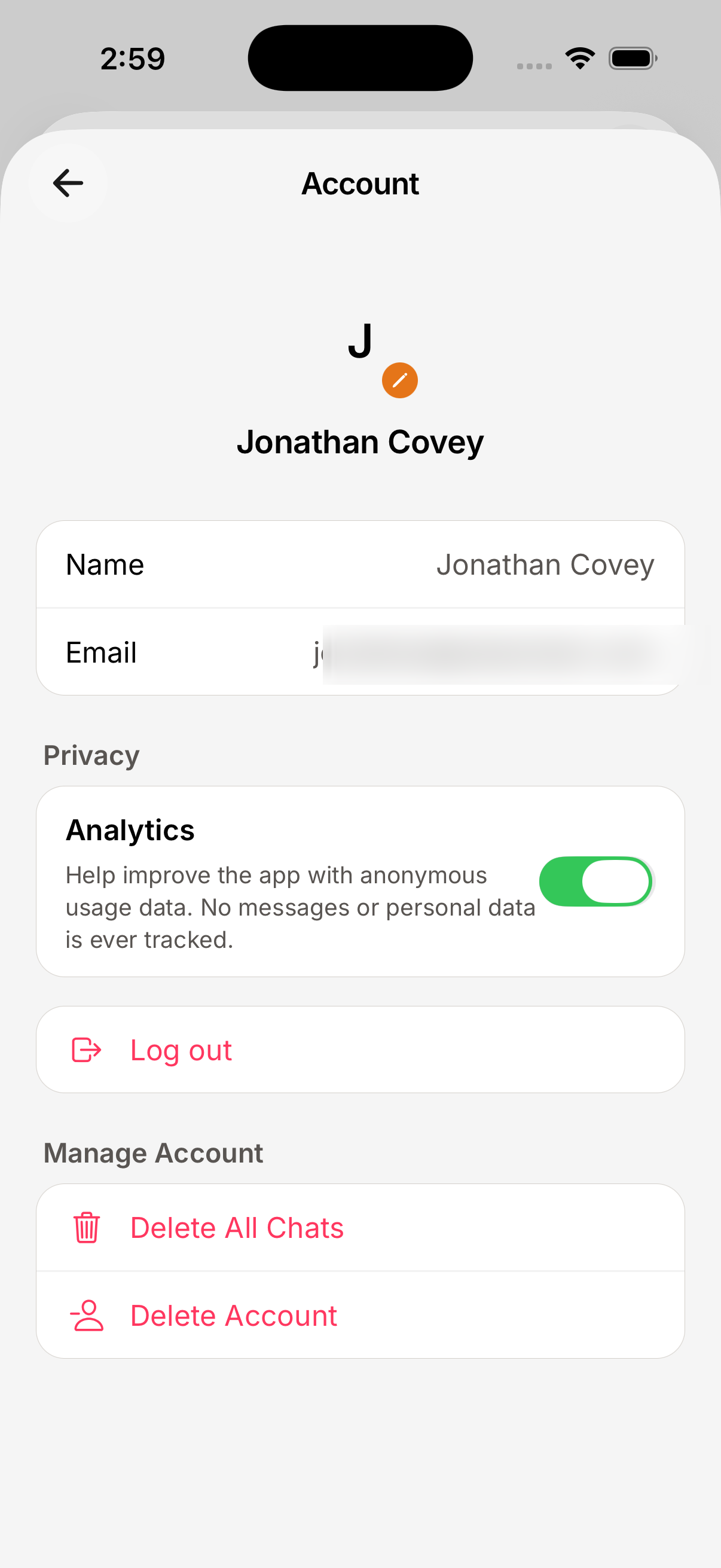 Account screen on iOS — scroll to the Danger Zone to delete your account