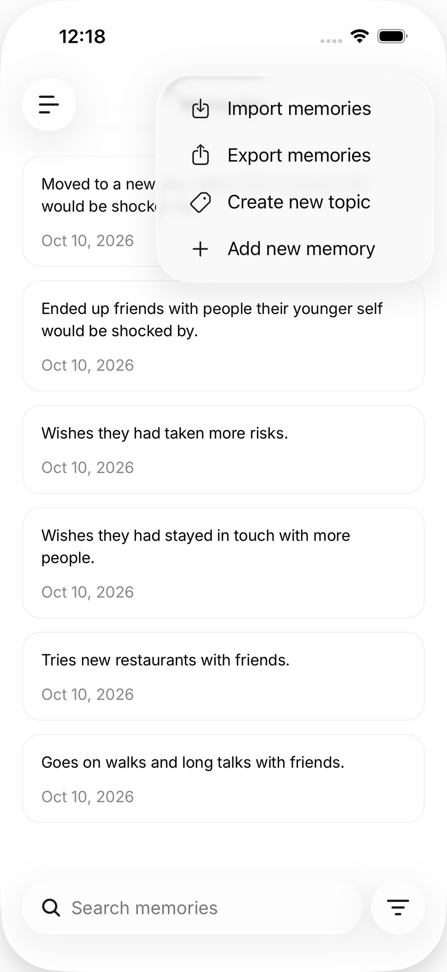 The Memories menu on iOS with Import memories, Export memories, Create new topic and Add new memory