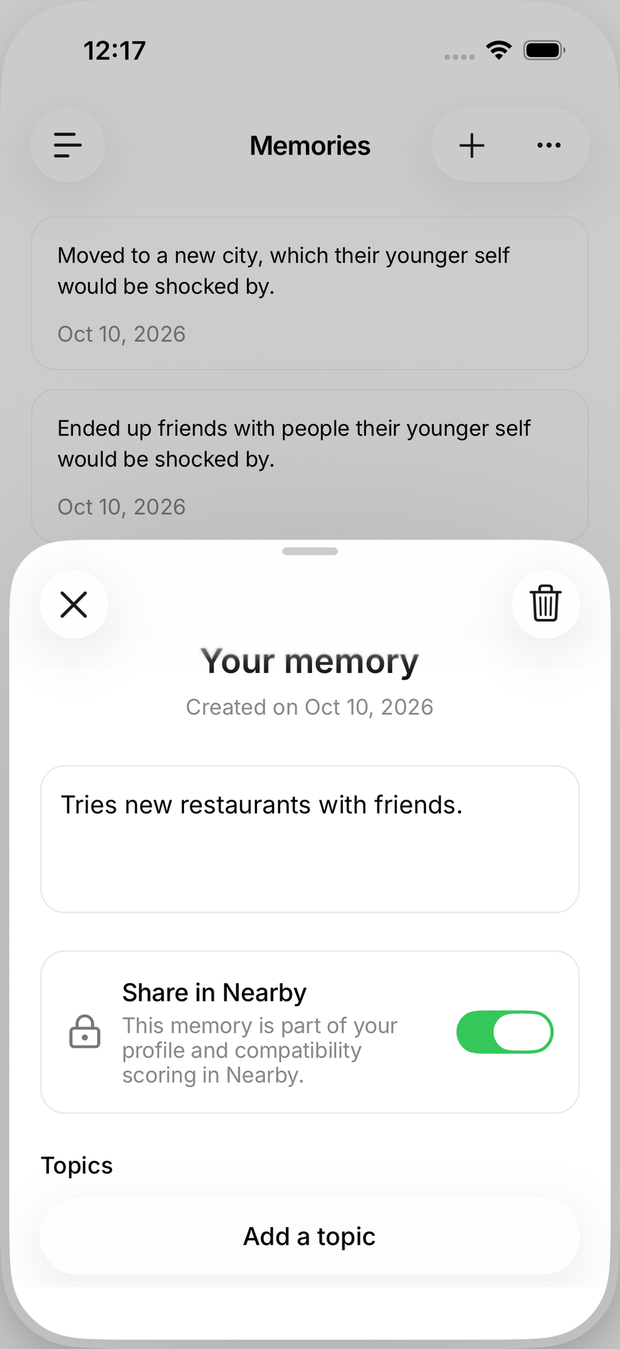 A memory open in the iOS app with the Share in Nearby switch turned on