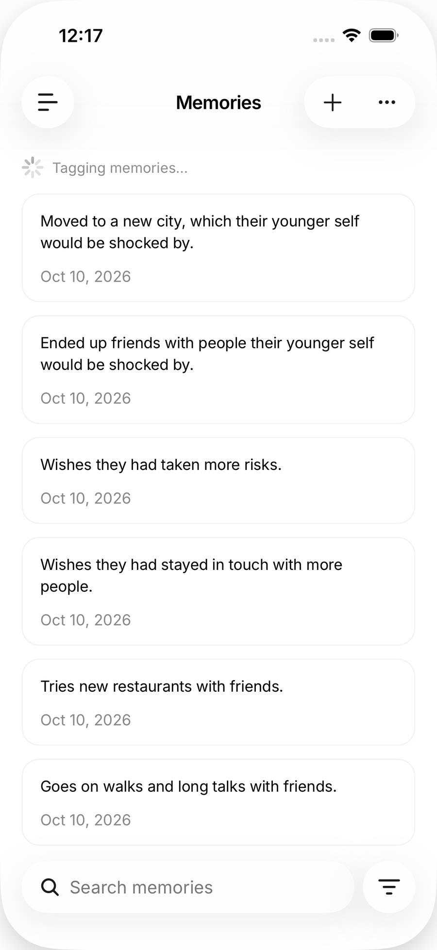 The Memories list on iOS with the search bar and the filter button