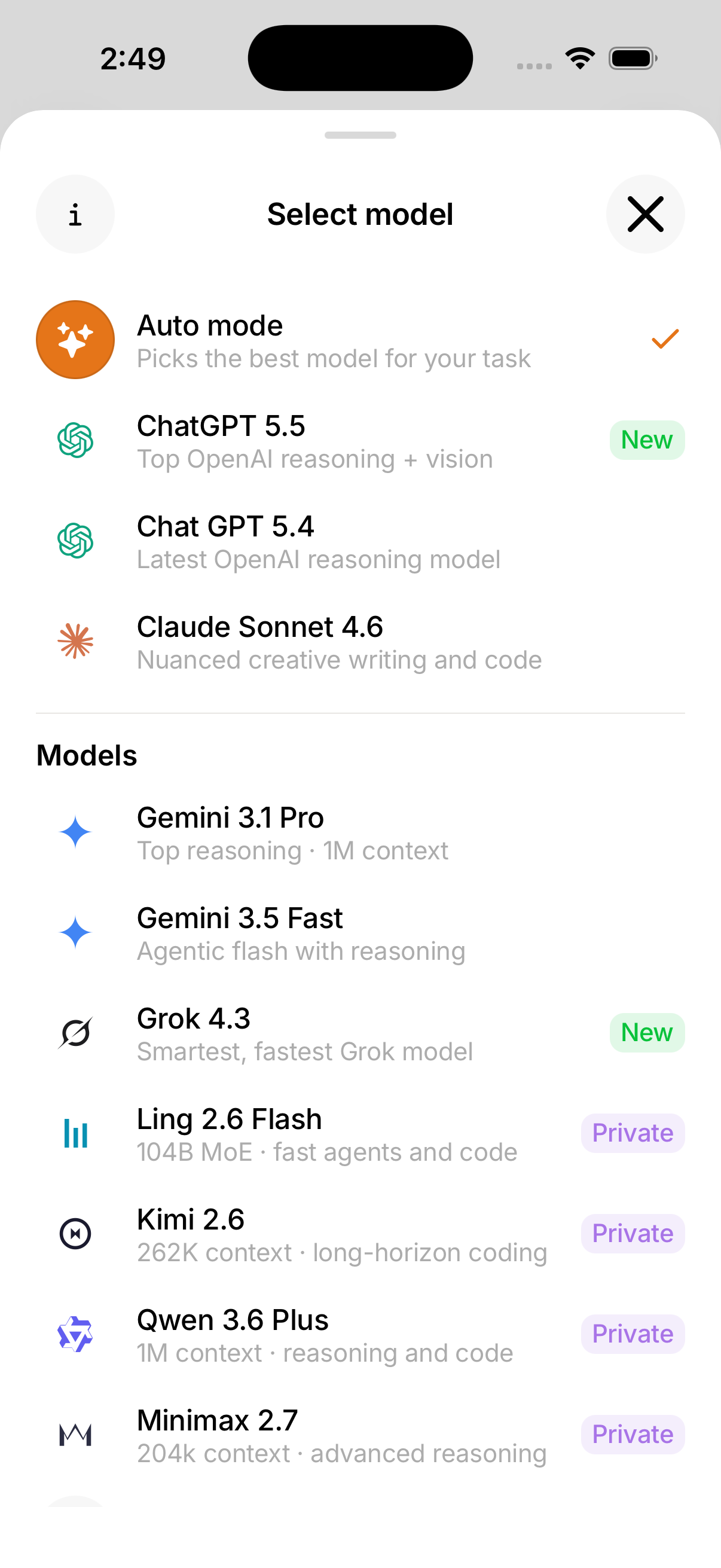 The model picker sheet on iOS