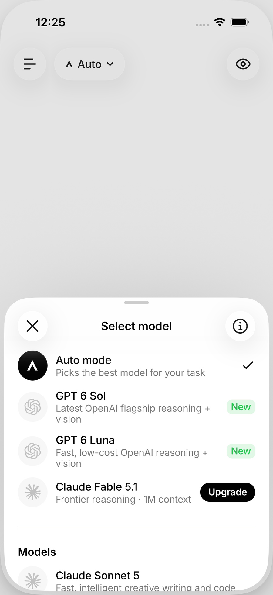 The Select model sheet in the iOS app with Auto mode checked, GPT 6 Sol, GPT 6 Luna, Claude Fable 5.1 with an Upgrade button and the Models section below