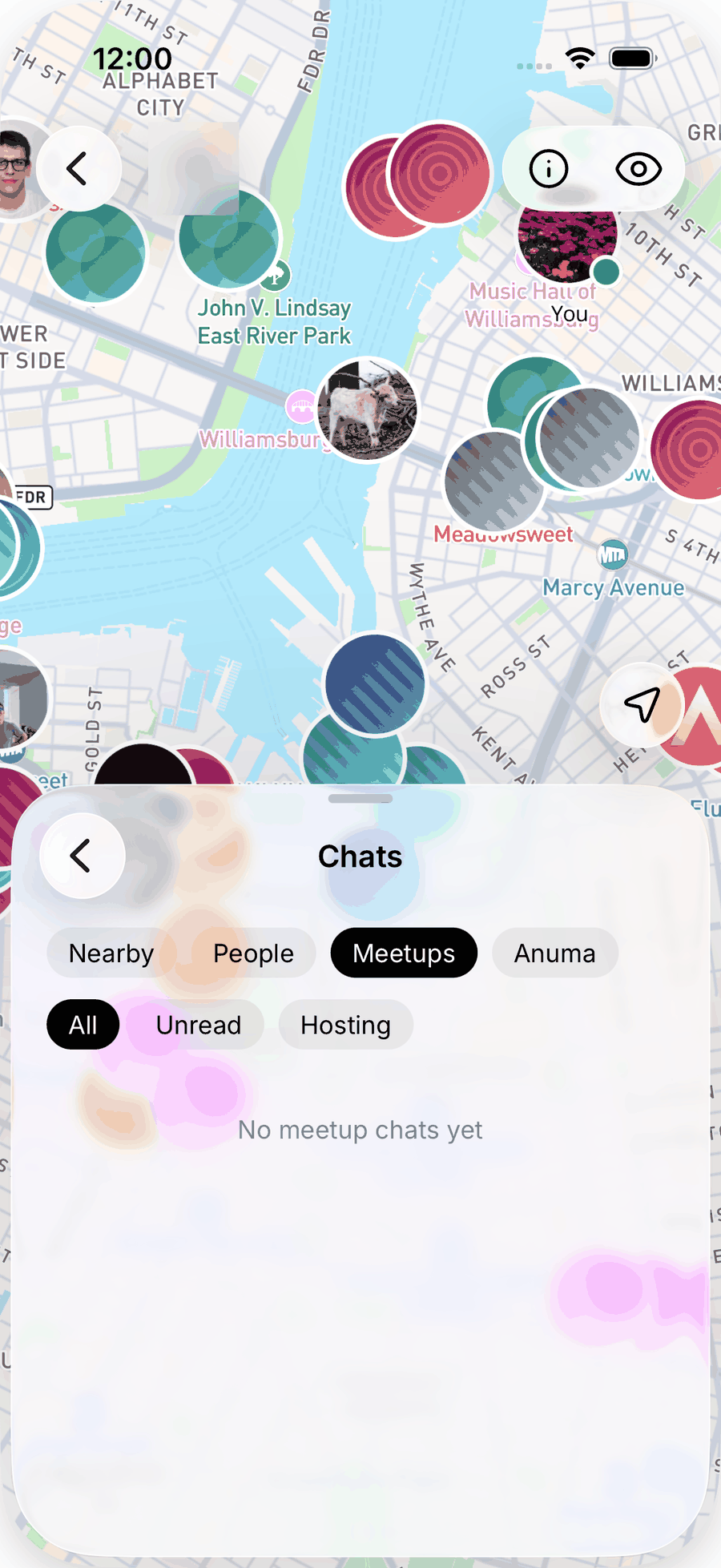 The Chats pane on iOS with Nearby, People, Meetups and Anuma tabs, the Meetups tab selected, and All, Unread and Hosting filter chips