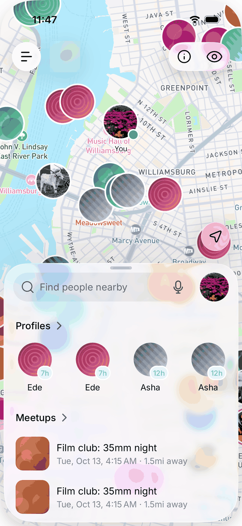 The Nearby map on iOS with people pins, your own pin labelled You, and the bottom sheet showing the Find people nearby bar with Profiles and Meetups rows