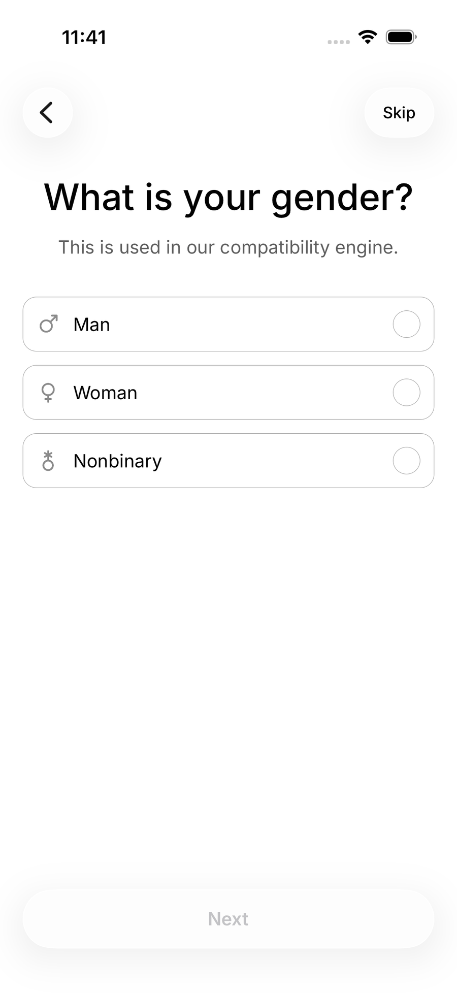 The What is your gender step on iOS with Man, Woman and Nonbinary options and a Skip button
