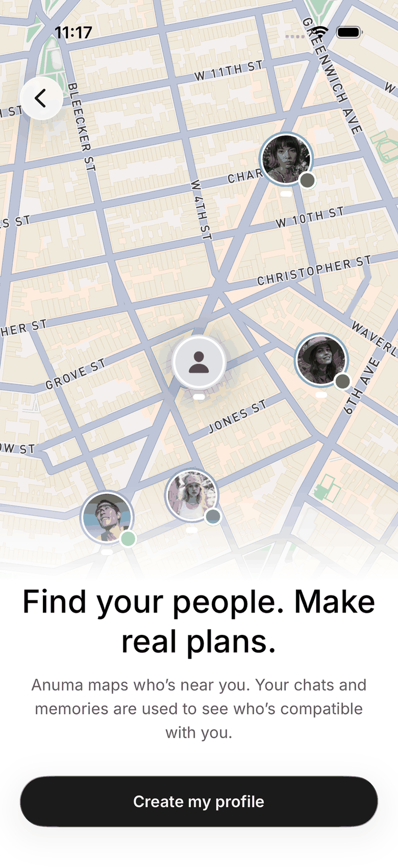 The Nearby intro screen on iOS, showing a map with people pins and a Create my profile button