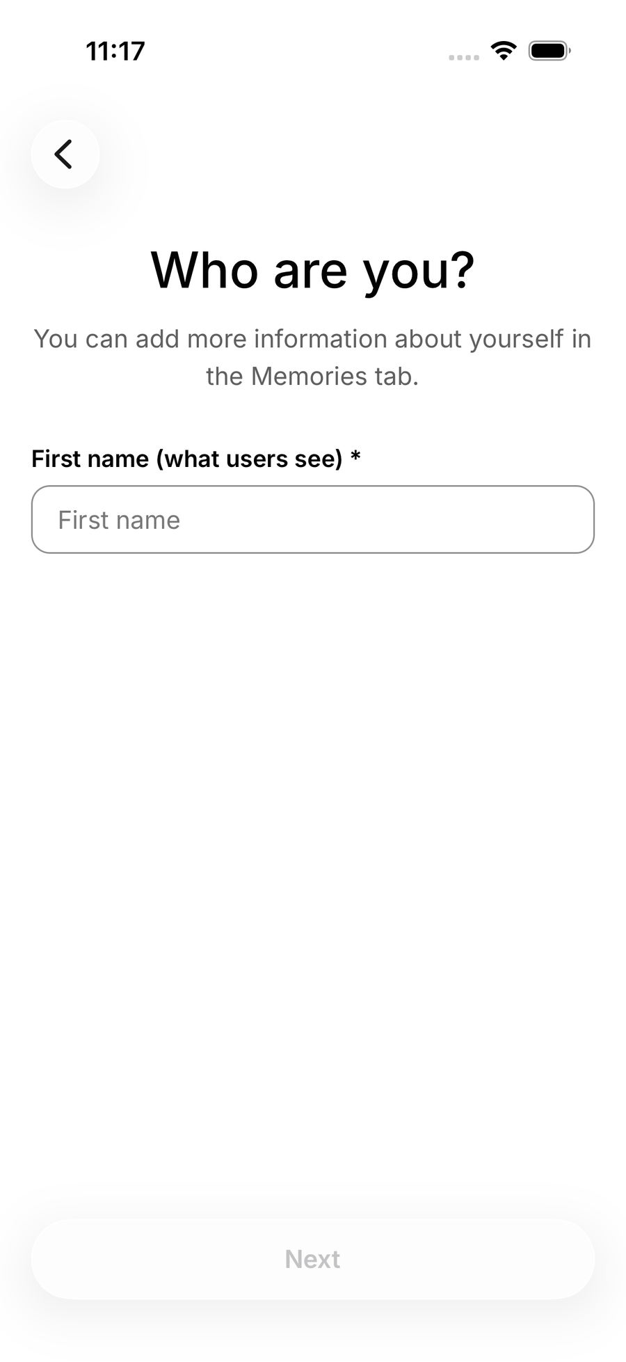 The Who are you step on iOS with a First name field and a Next button