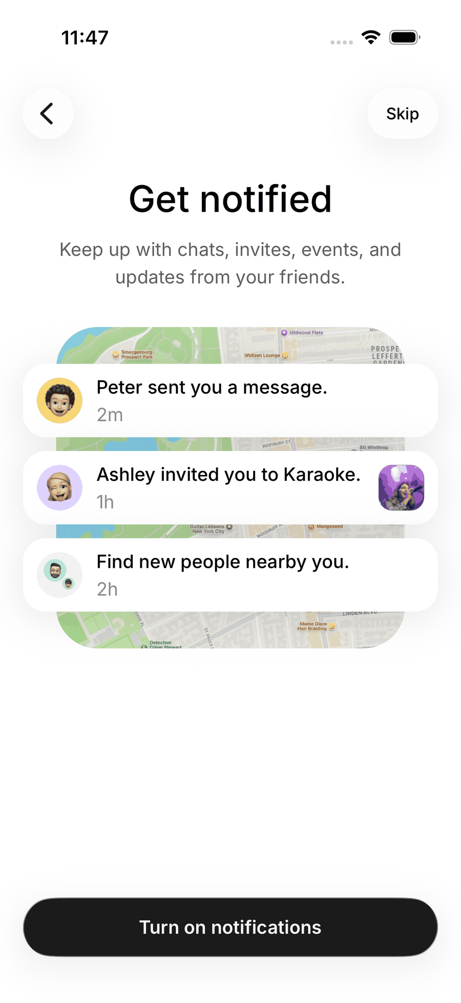 The Get notified step on iOS with sample notification cards and a Turn on notifications button