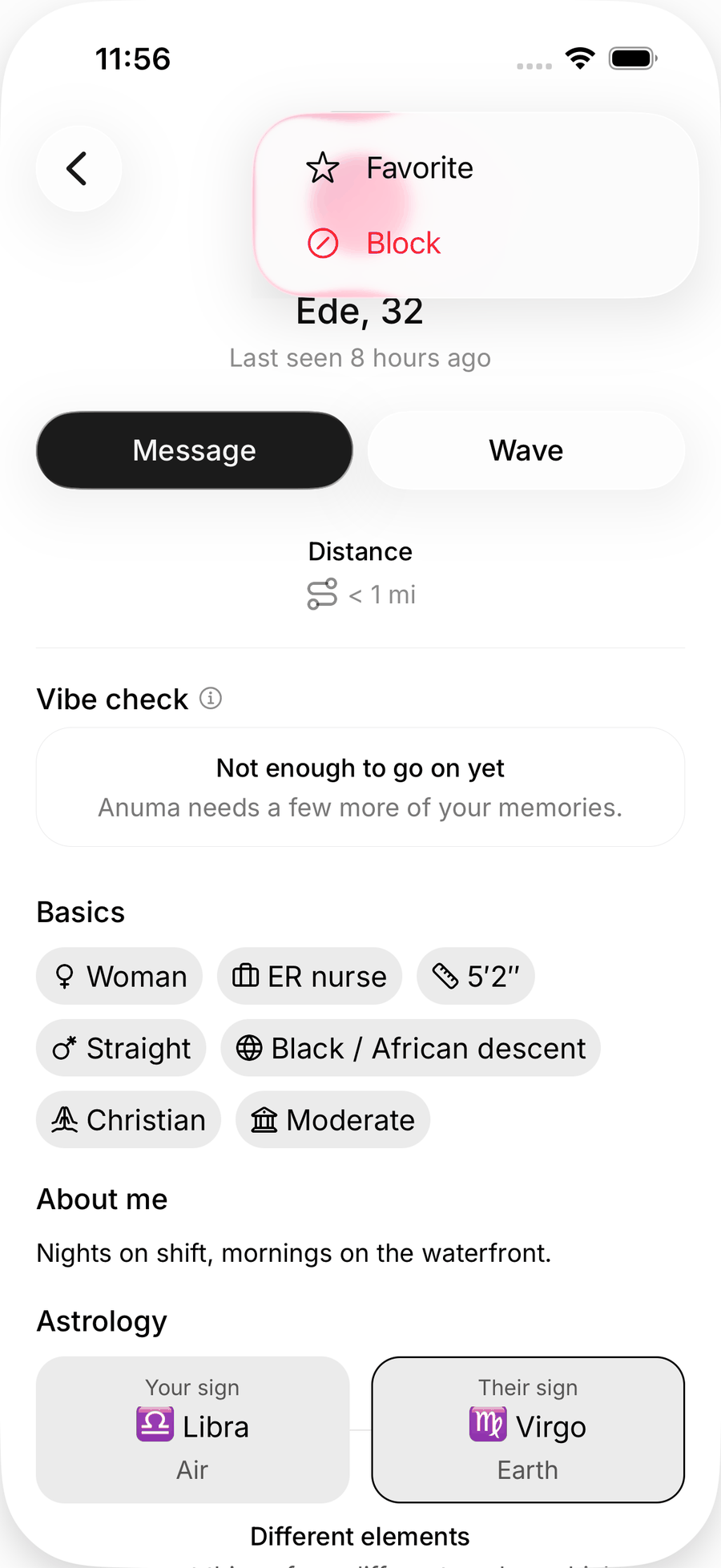 The actions menu on a person's profile on iOS with Favorite and Block