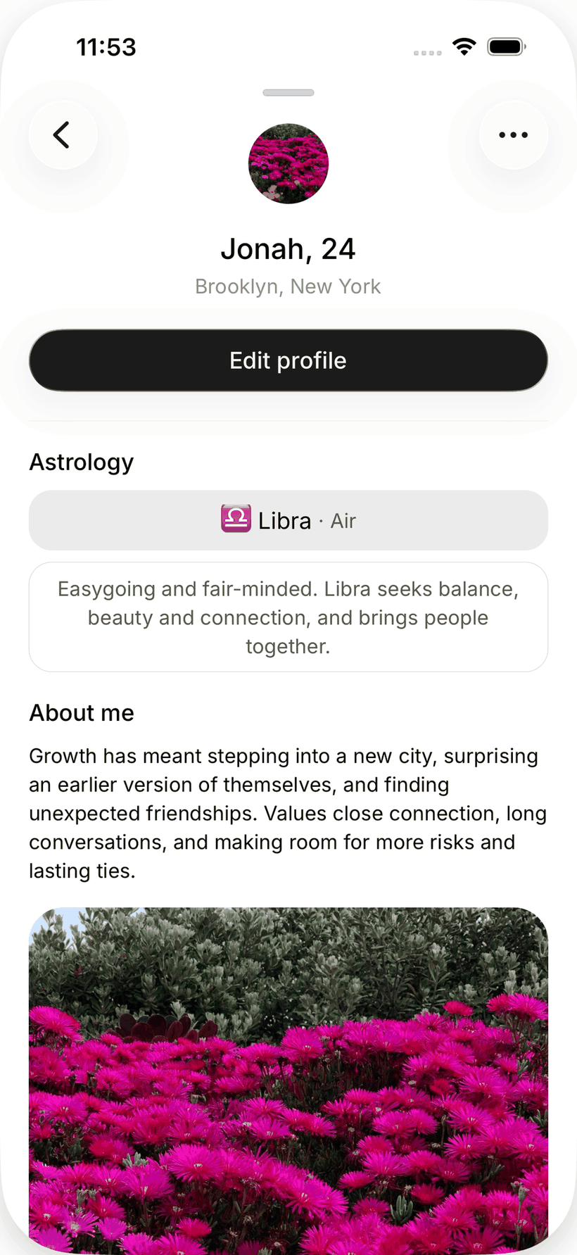 Your own Nearby profile on iOS with name and age, neighborhood, an Edit profile button, astrology, About me and a photo
