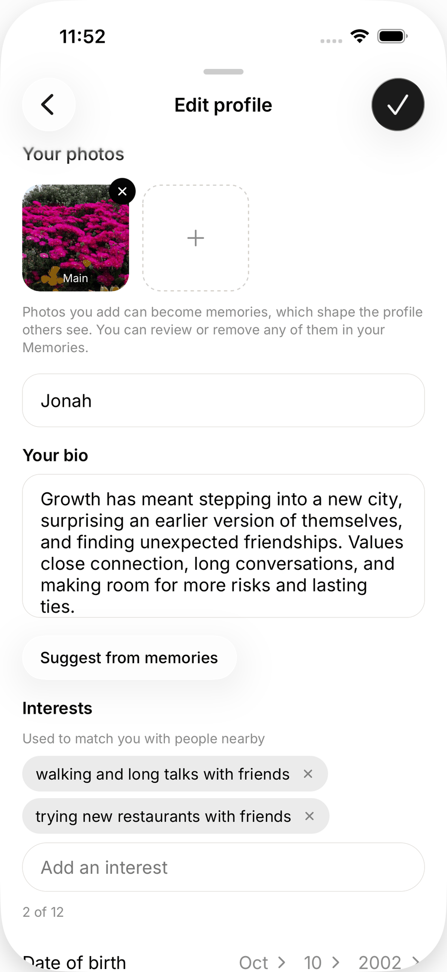 Edit profile on iOS after Suggest from memories drafted a bio and added interests