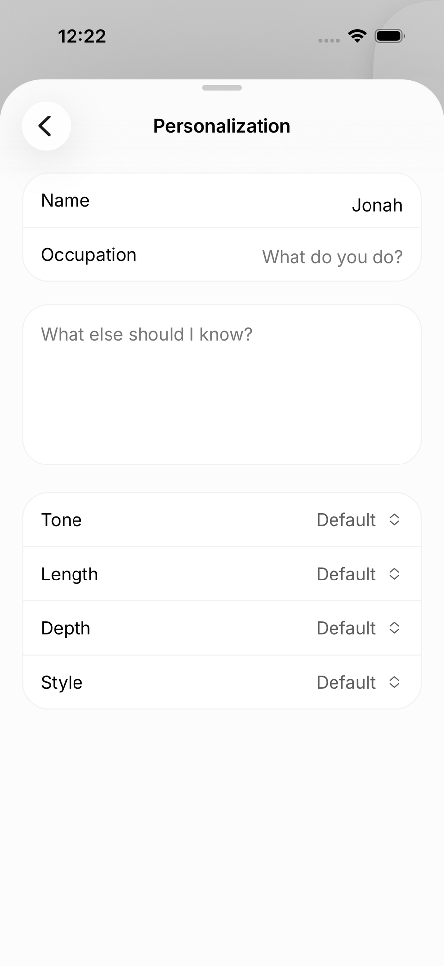 Personalization settings on iOS