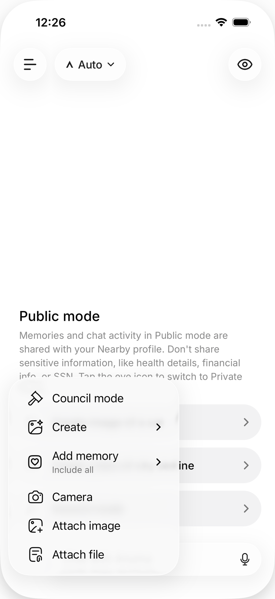 The plus menu in the iOS app with Council mode, Create, Add memory, Camera, Attach image and Attach file
