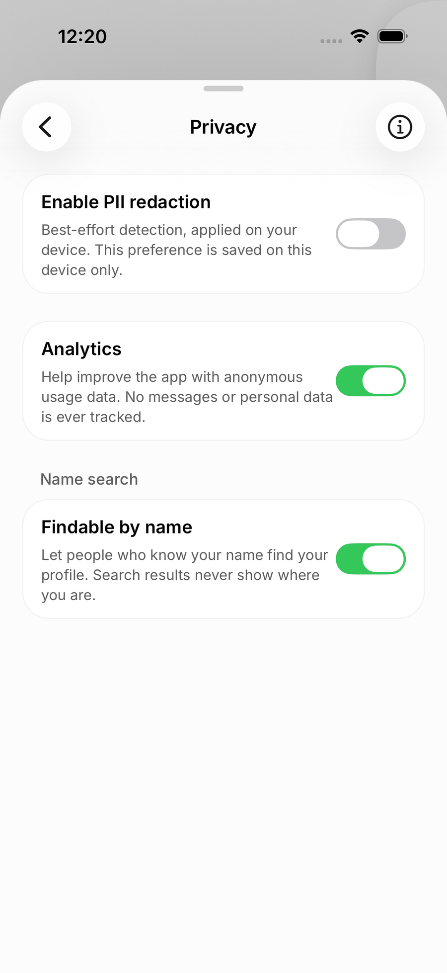 The Privacy screen in the iOS app with the Findable by name switch under Name search