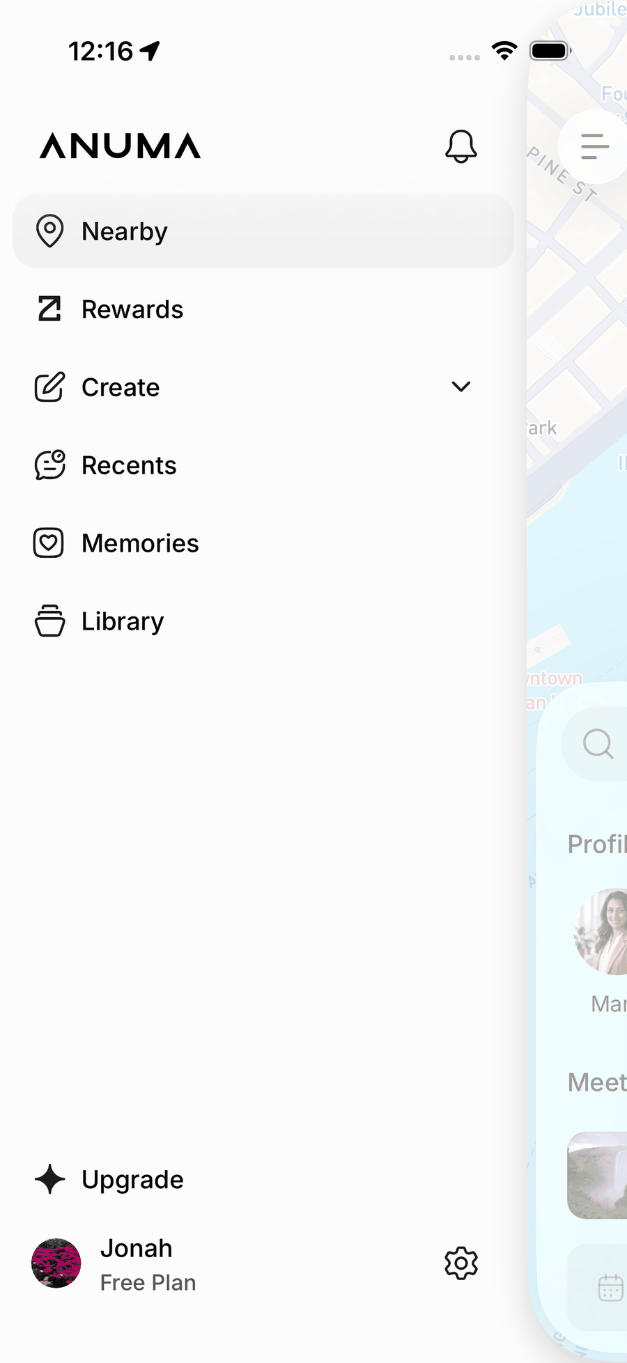 The sidebar in the iOS app with Nearby, Rewards, Create, Recents, Memories and Library, the Upgrade link and the profile row with the Settings cog