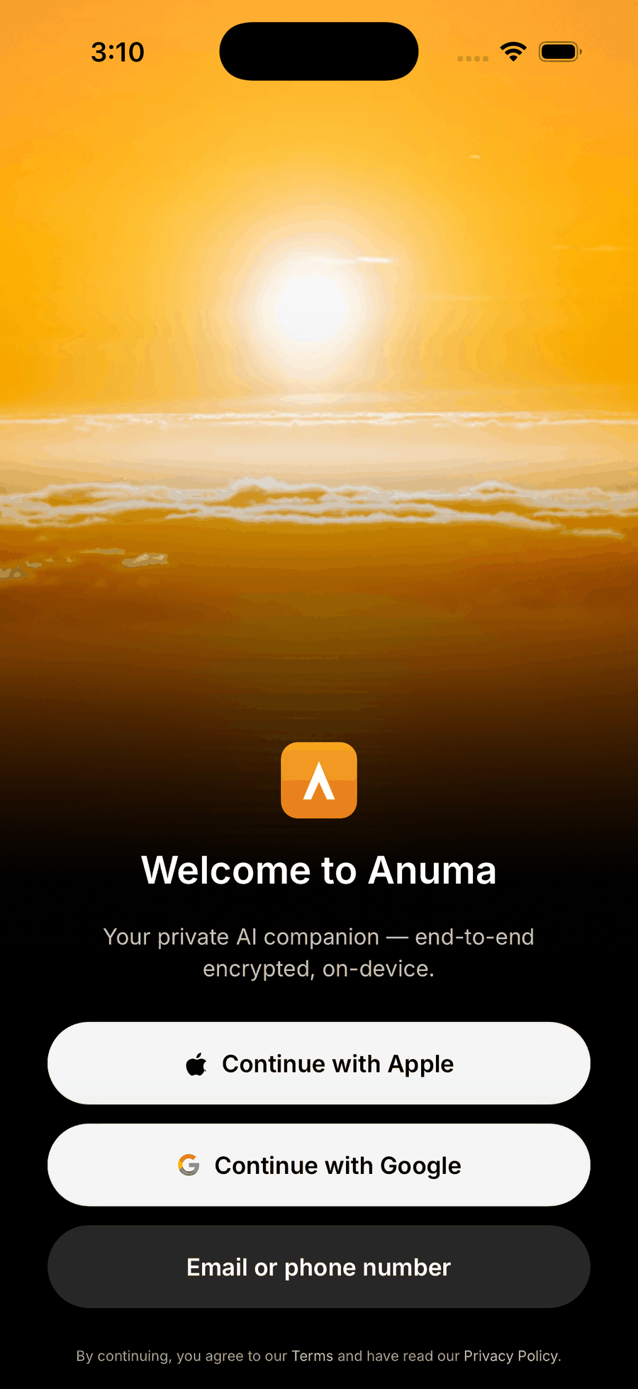 Anuma mobile sign-up and login screen