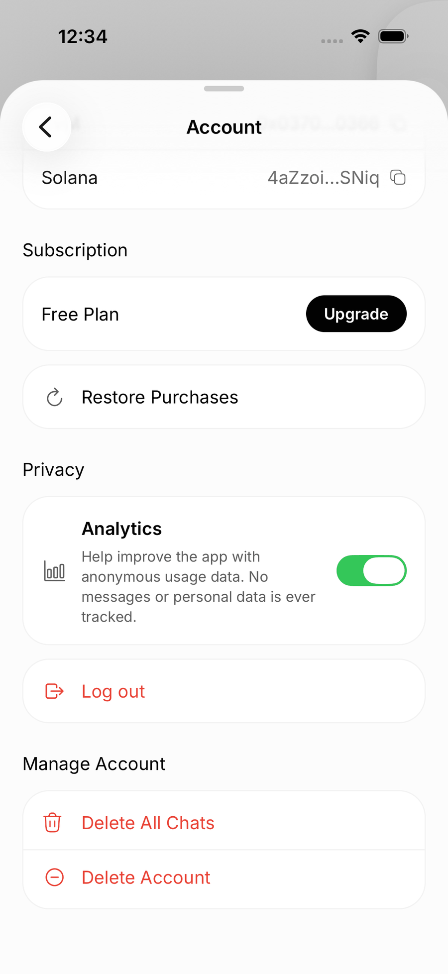 The welcome screen in the iOS app, with the line From AI conversations to real-world connections and a Get started button