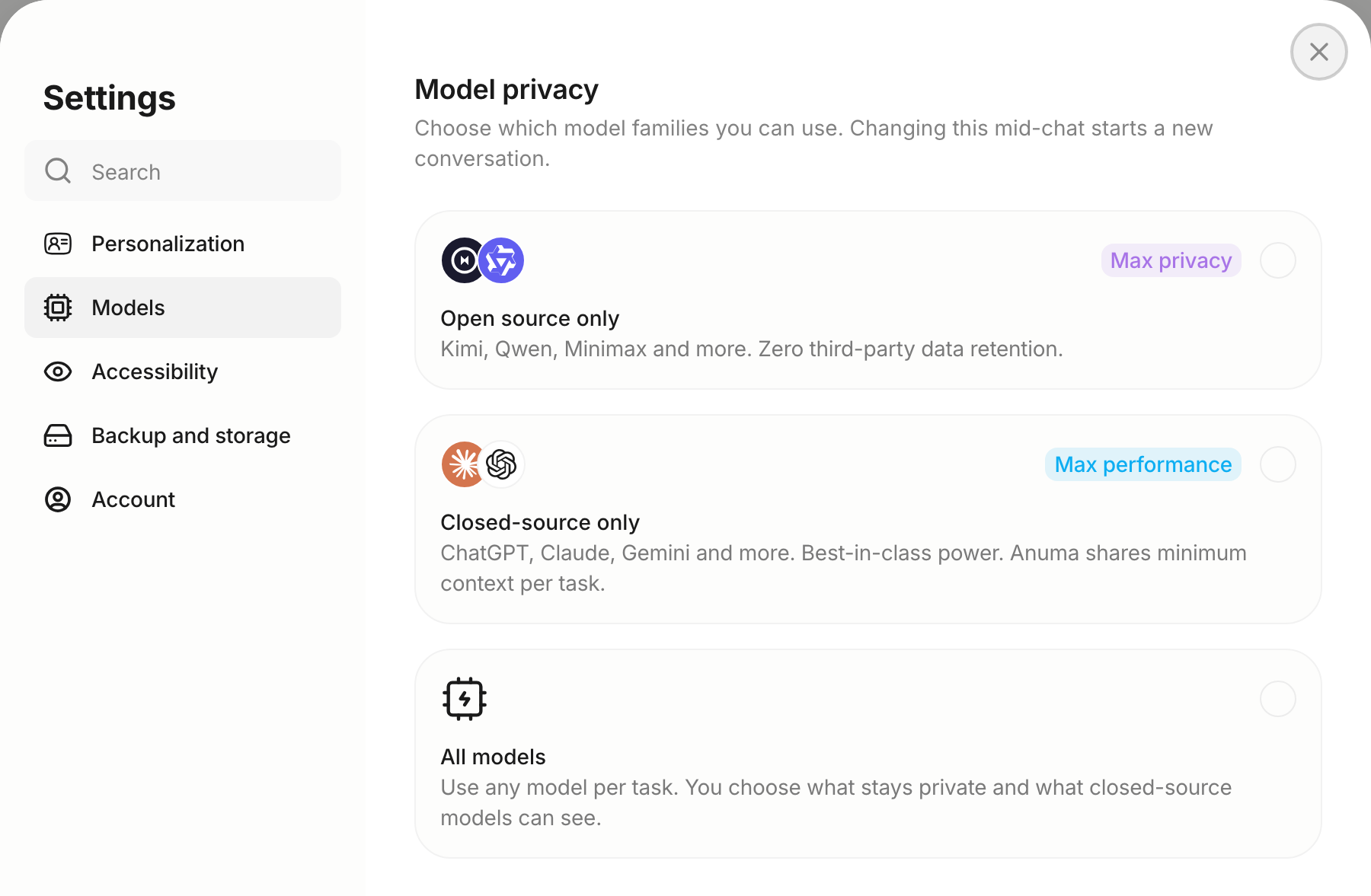 Anuma Settings → Models showing the Model privacy options: Open source only (Max privacy), Closed-source only (Max performance), and All models