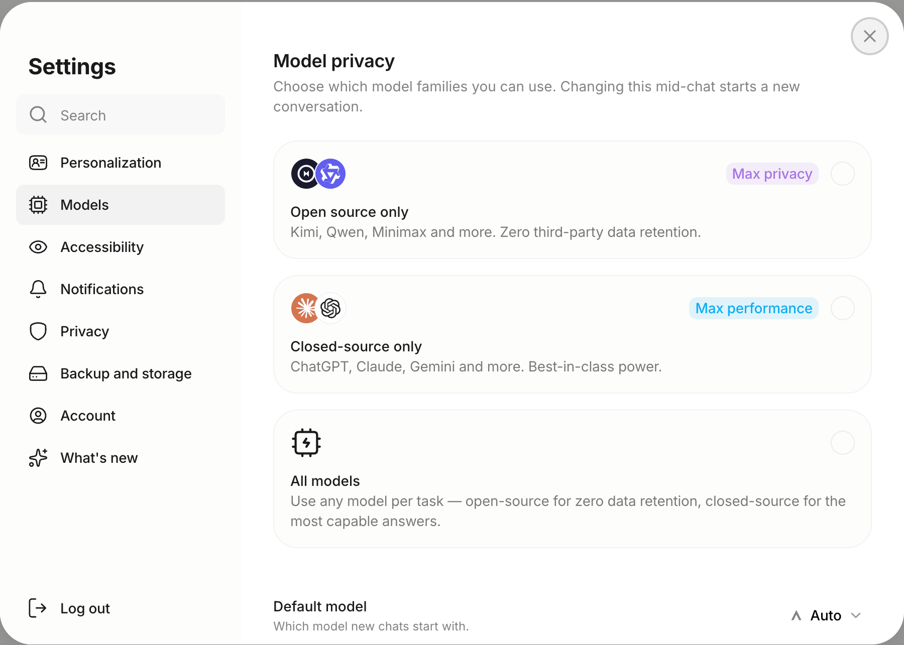 Model privacy options in Settings → Models