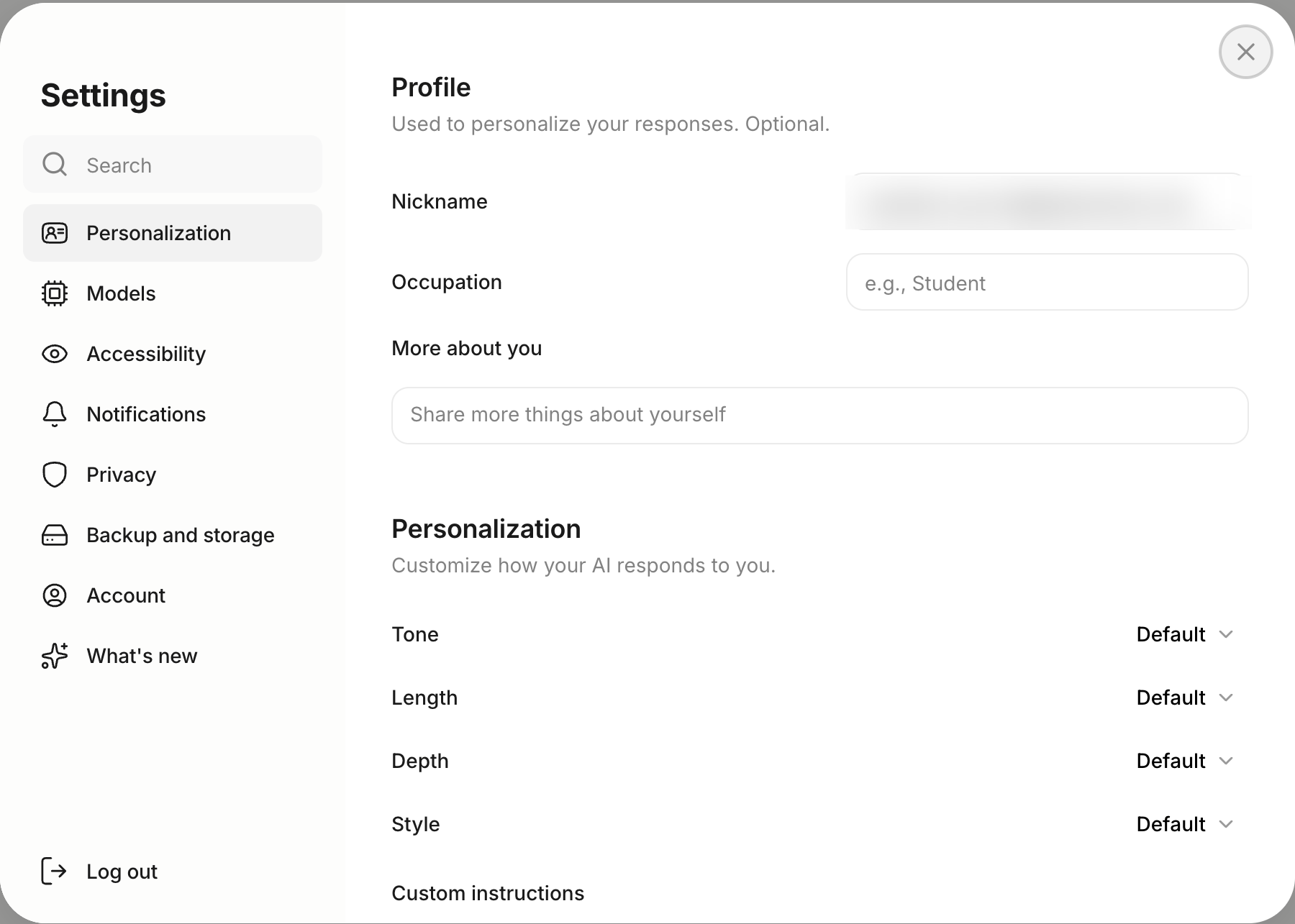 Personalization settings on the web