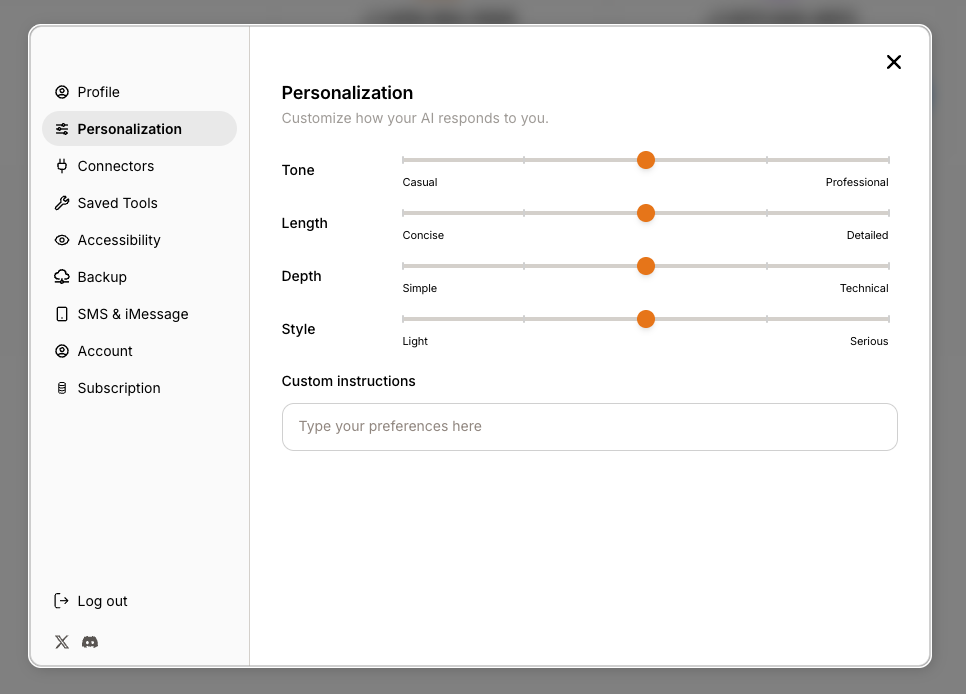 Personalization panel with sliders for Tone, Length, Depth, and Style plus a custom instructions field