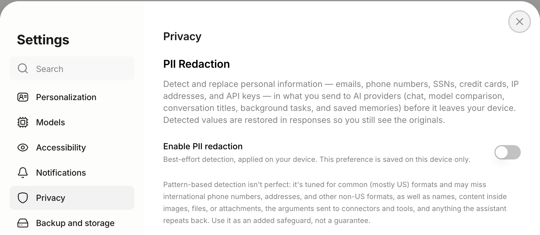 The Privacy section of Settings on the web with the PII Redaction explanation and the Enable PII redaction switch
