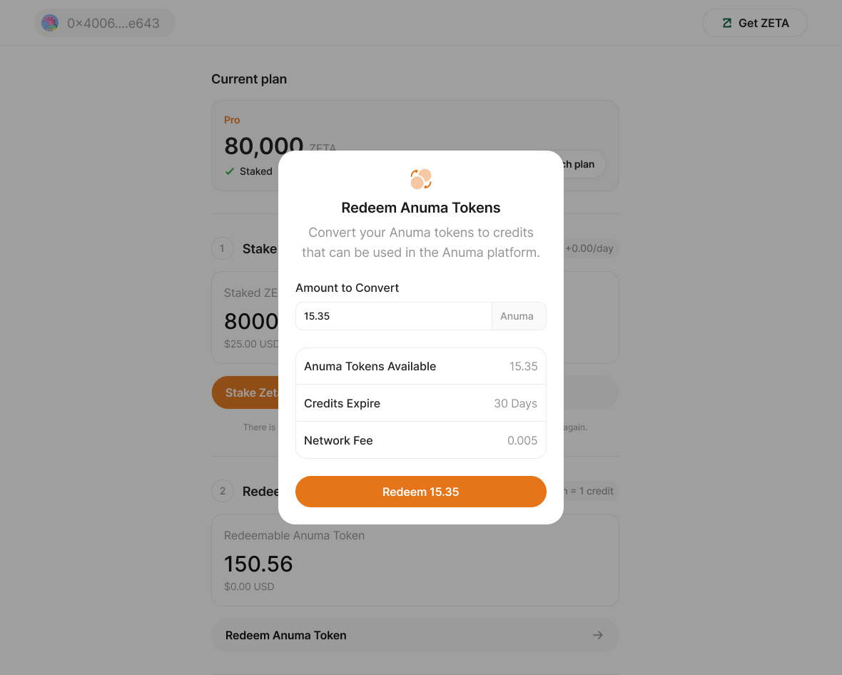 Redeem Anuma Tokens modal showing the amount to convert, Anuma Tokens Available, and 30-day credit expiry